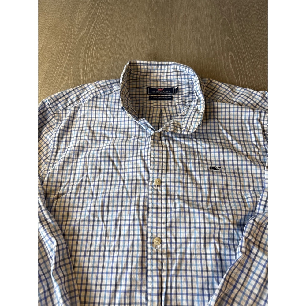Vineyard Vines Classic Fit Whale Shirt Mens Large Blue White Plaid Button Down